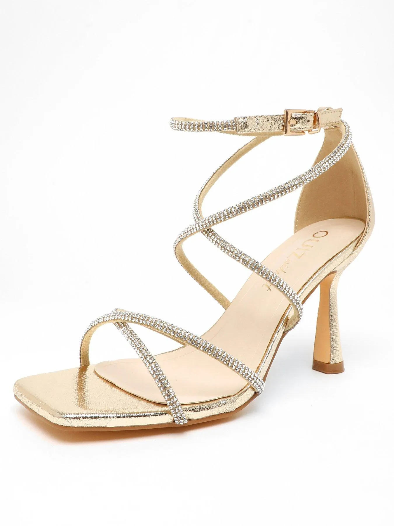 Quiz Wide Fit Gold Foil Diamante Strappy Heeled Sandals