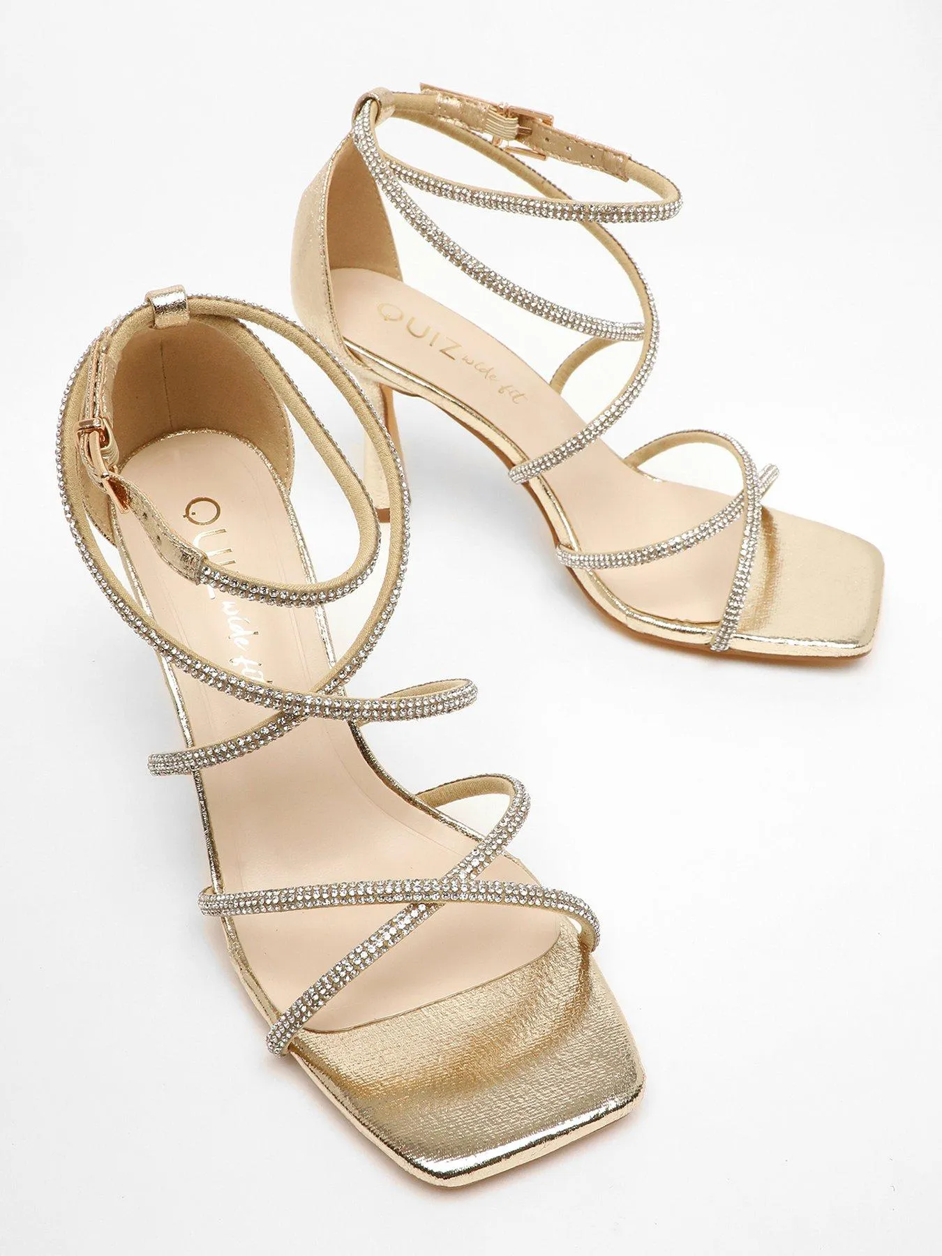 Quiz Wide Fit Gold Foil Diamante Strappy Heeled Sandals