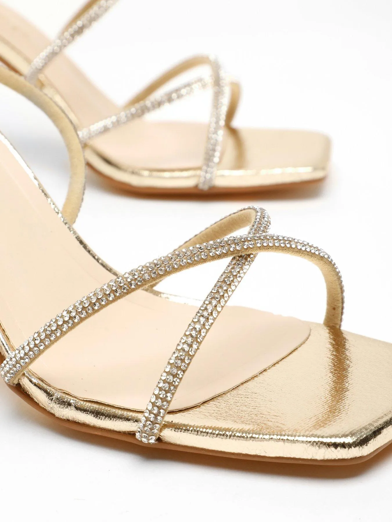 Quiz Wide Fit Gold Foil Diamante Strappy Heeled Sandals