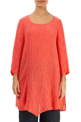 Side Pocket Crinkled Living Coral Silk Tunic