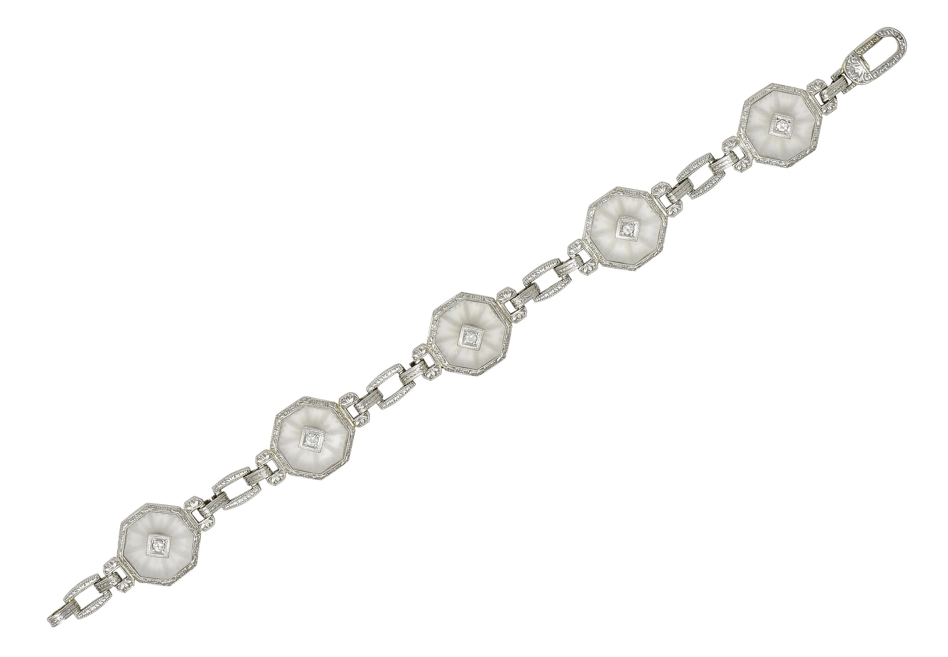 Taylor & Co. Art Deco Diamond Camphor Glass 18 Karat White Gold Link Bracelet