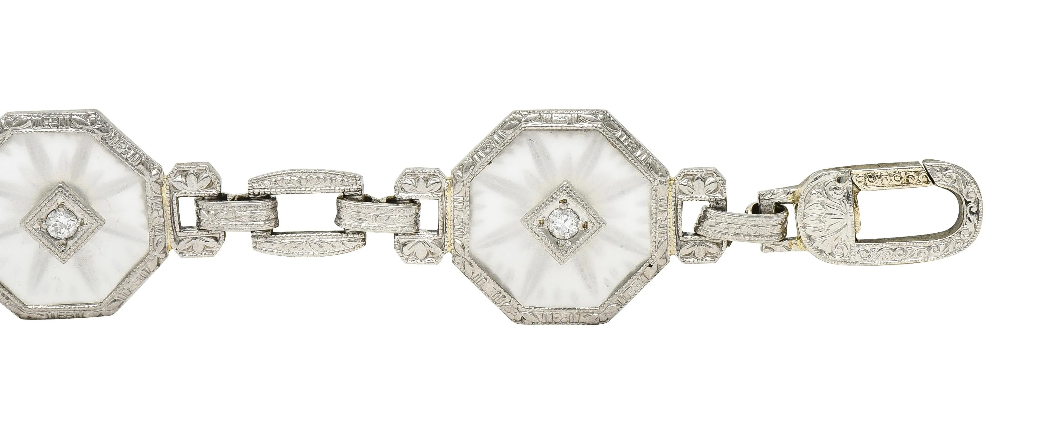 Taylor & Co. Art Deco Diamond Camphor Glass 18 Karat White Gold Link Bracelet