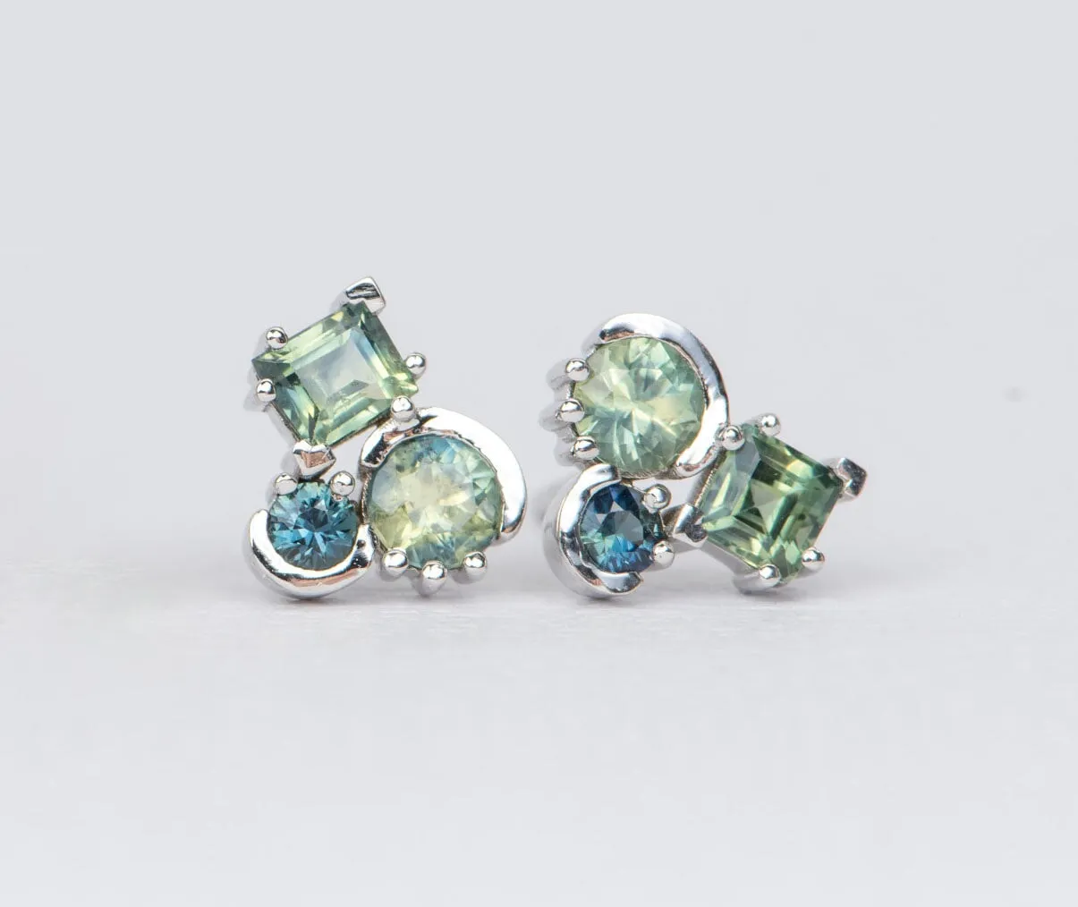 Teal Sapphire Cluster Earrings 14K Gold R3053