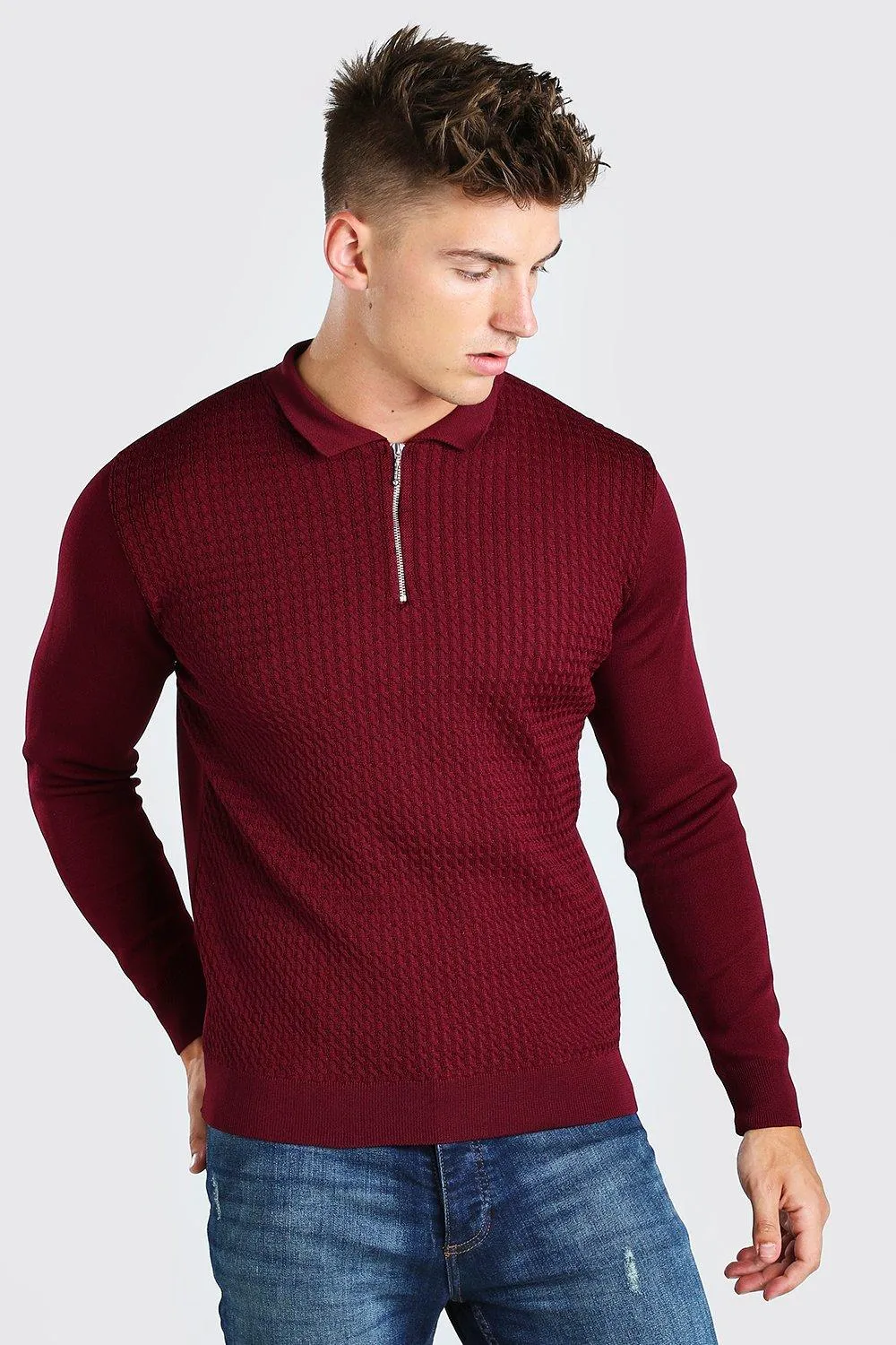 Textured Long Sleeve Half Zip Polo