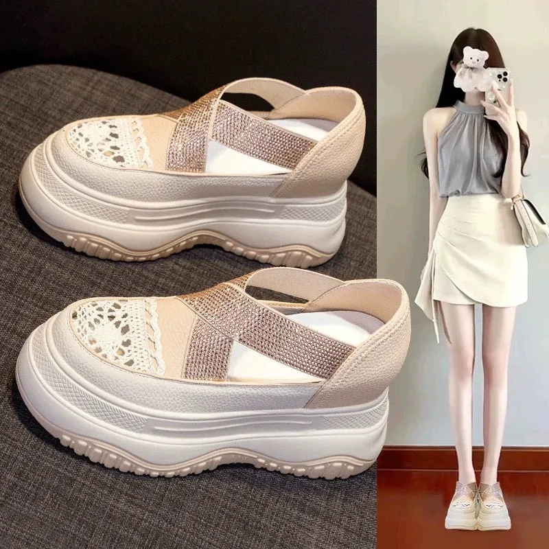 Thick-soled inner height-increasing women's shoes 2024 new hot summer muffin Mary Jane shoes hollow one-step fisherman white sho