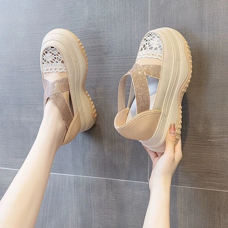 Thick-soled inner height-increasing women's shoes 2024 new hot summer muffin Mary Jane shoes hollow one-step fisherman white sho