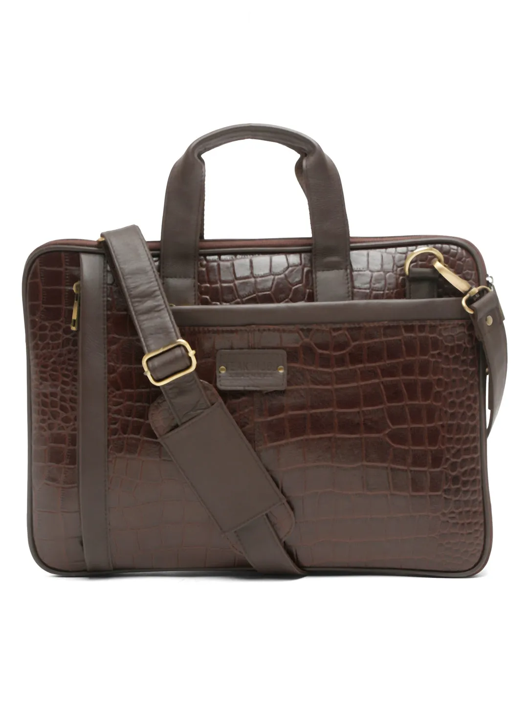 Unisex Brown Textured Genuine Leather Laptop Bag