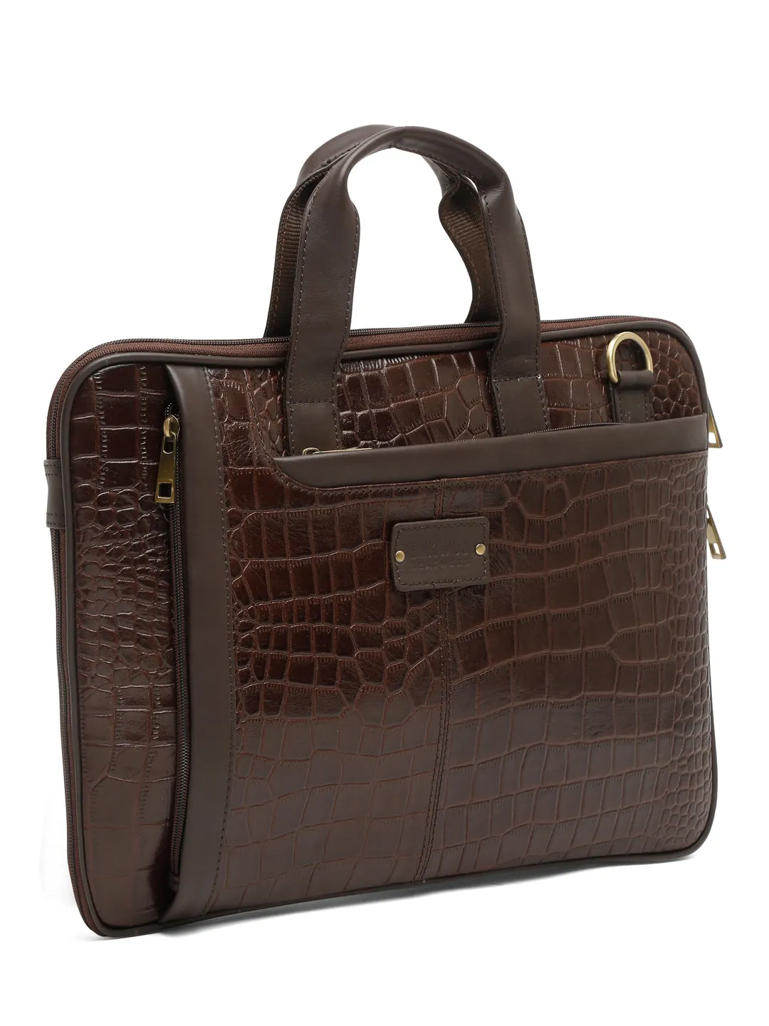 Unisex Brown Textured Genuine Leather Laptop Bag