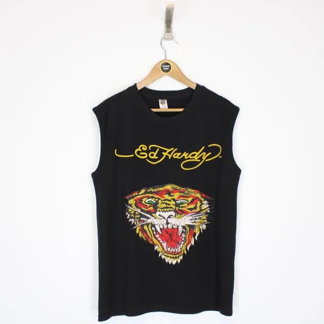 Vintage Ed Hardy by Christian Audiger Bejewelled Tiger Vest Top XL