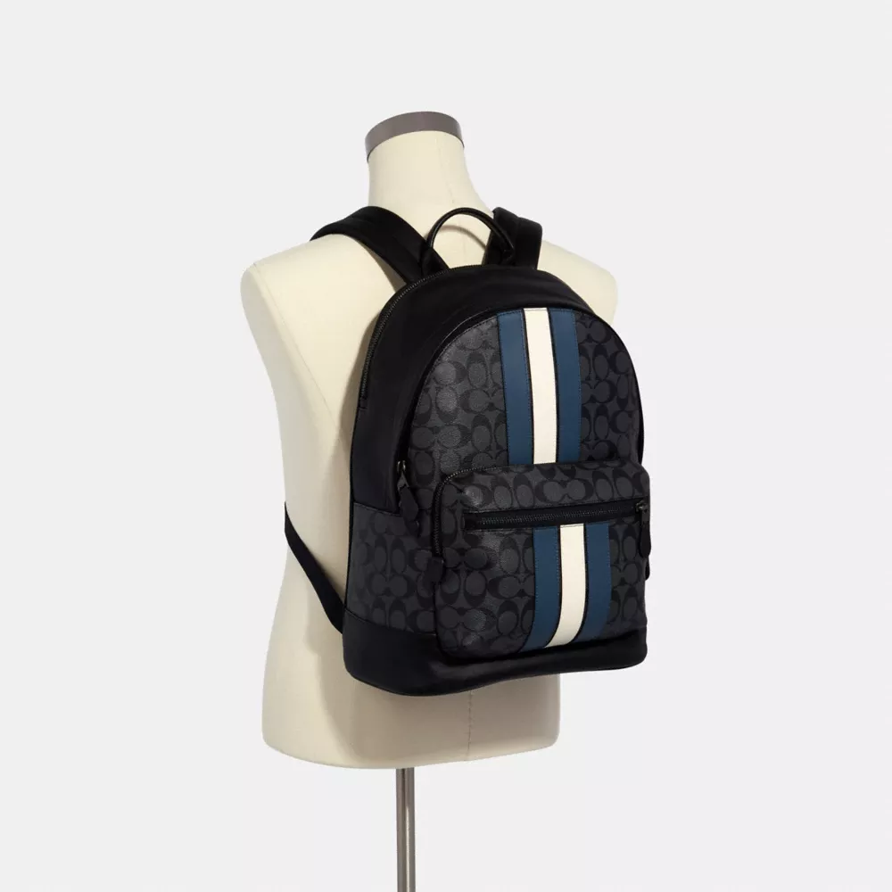 West Backpack In Signature Canvas With Varsity Stripe