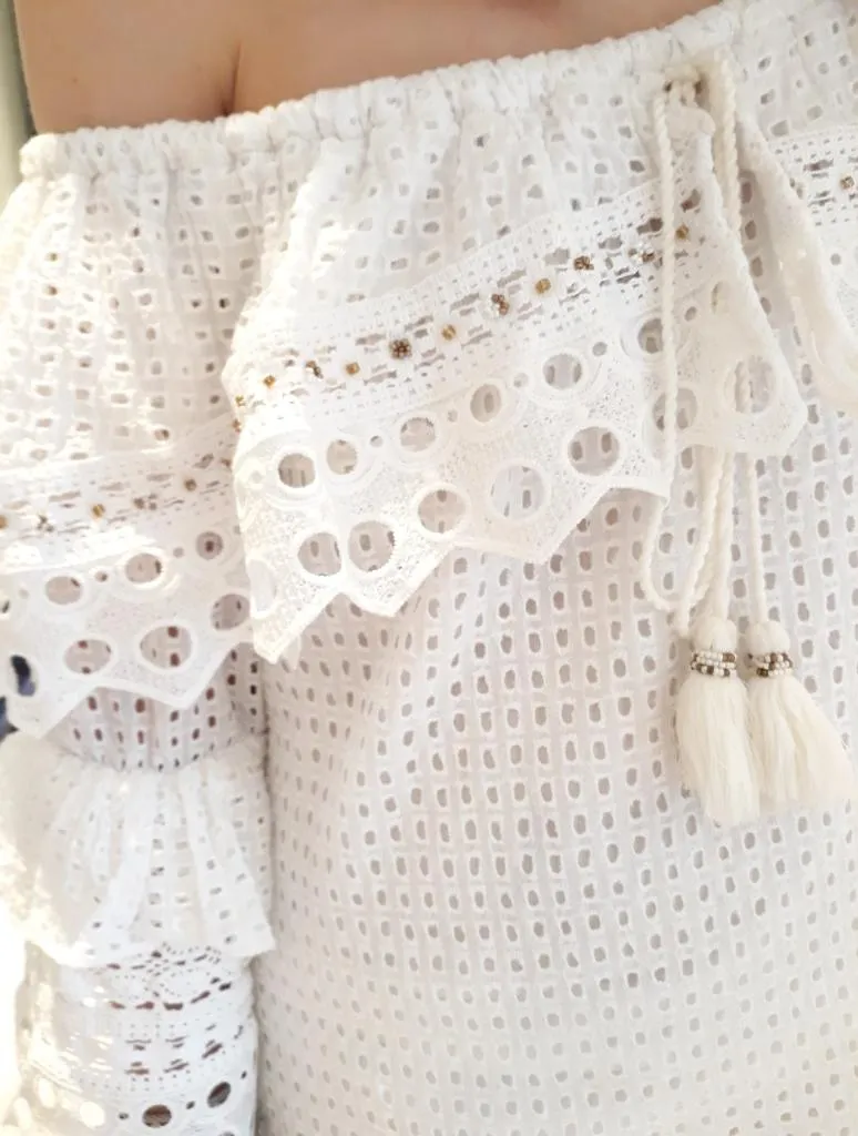 WHITE EYELET OFF-SHOULDER TUNIC DRESS