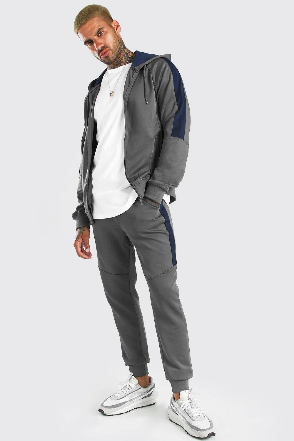 Zip Hooded Poly Tracksuit With Panels | boohooMAN UK